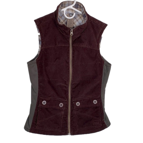 REI Corduroy Vest, Size XXS, Brown With Plaid & Gray Trim. - Picture 1 of 7